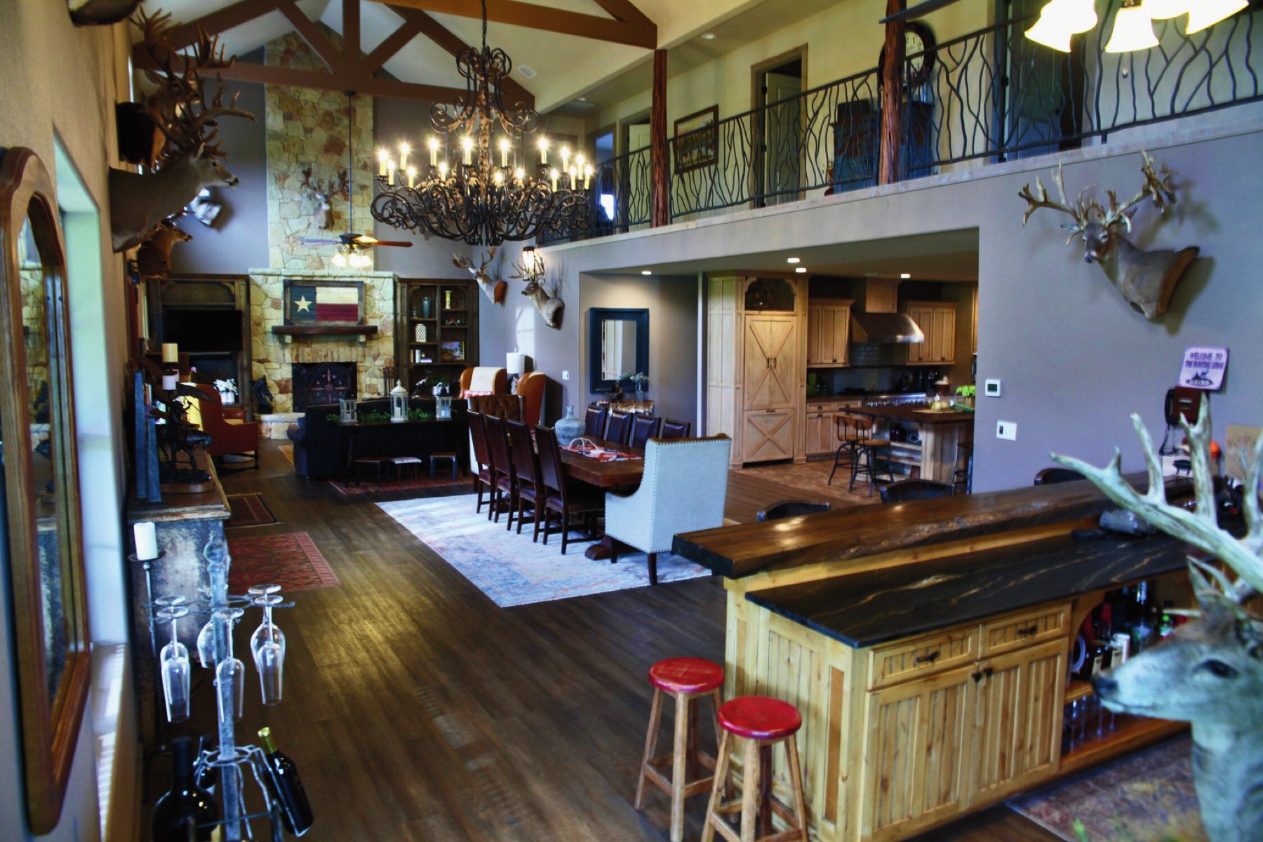 Spacious Lodge interior with dining, kitchen, fireplace and gathering areas